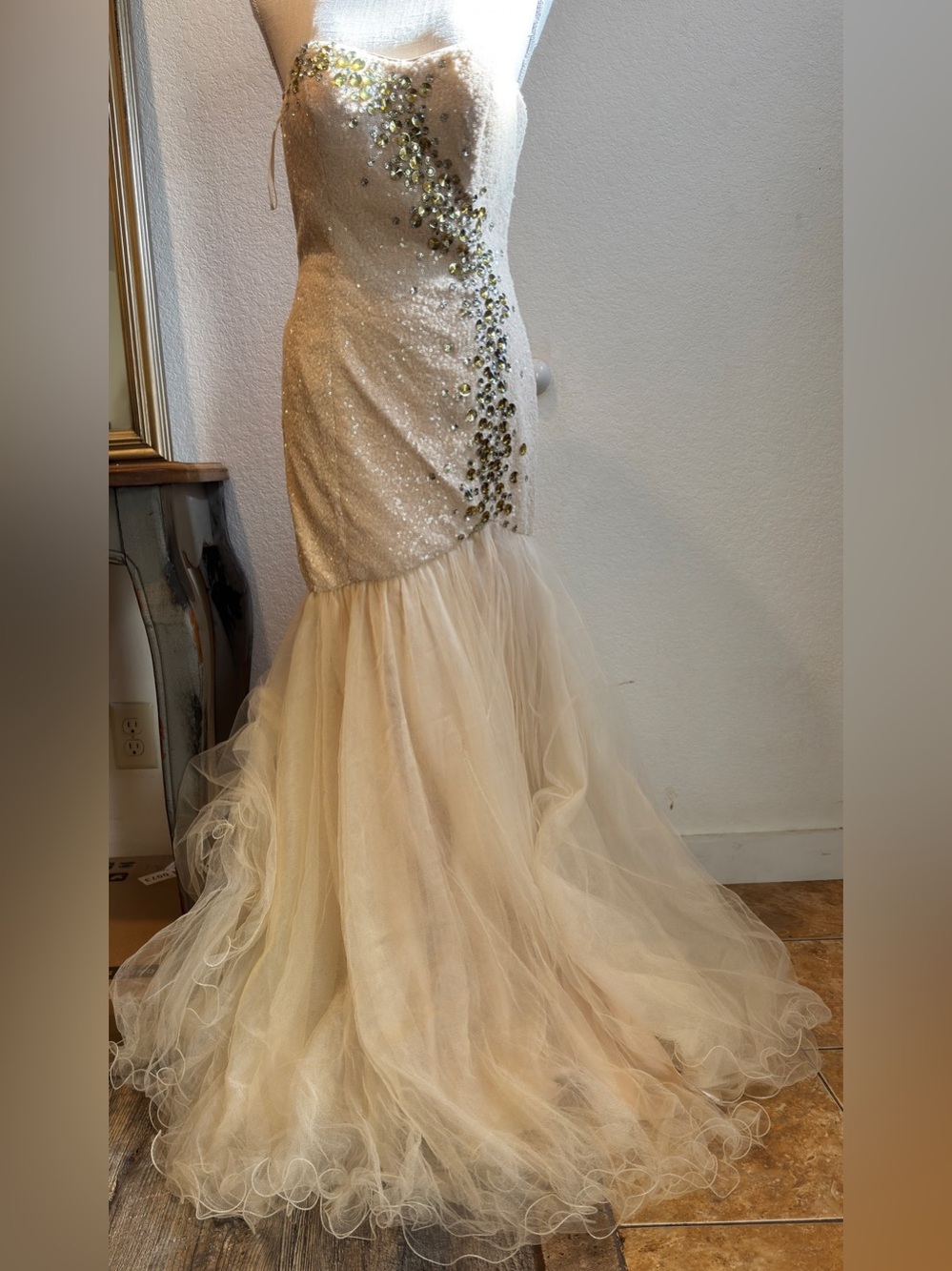 Dimitra Designs Champagne Sequin Mermaid Prom Dress Gown 6